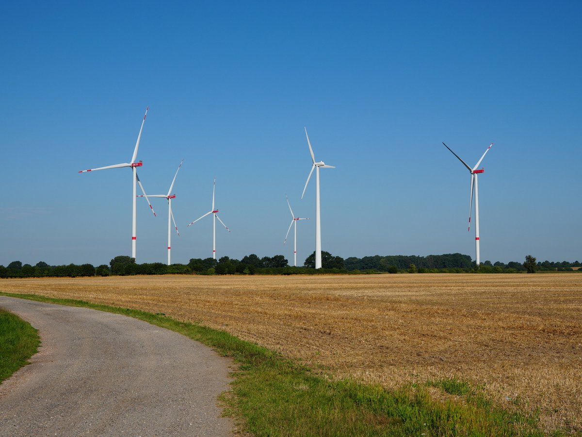 Windkraftanlagen auf freiem Feld bei Bälau